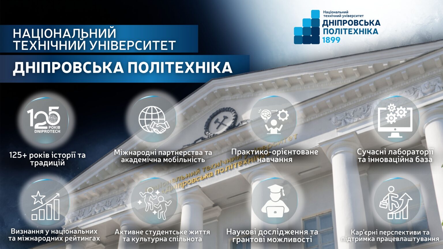 Інфографіка про освітні, наукові та міжнародні можливості Дніпровської політехніки